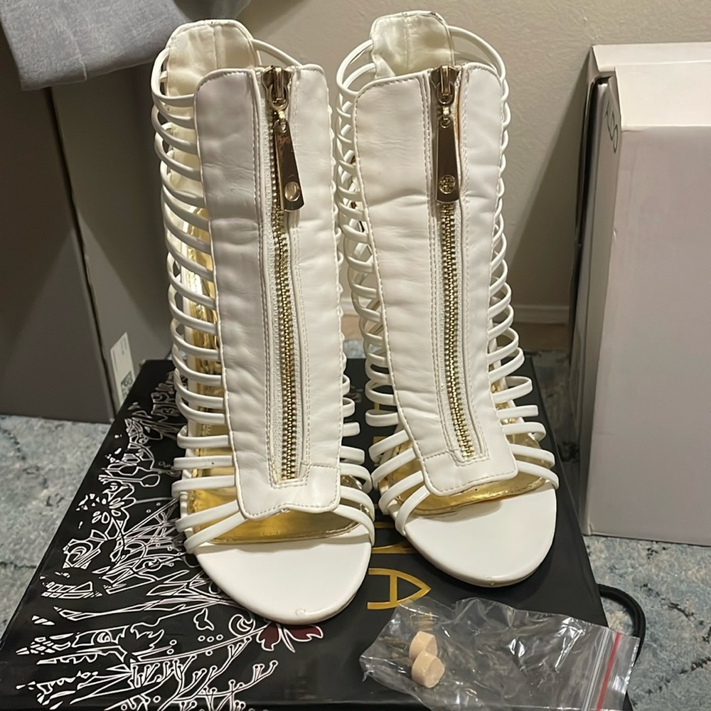 White heels/booties w open toe